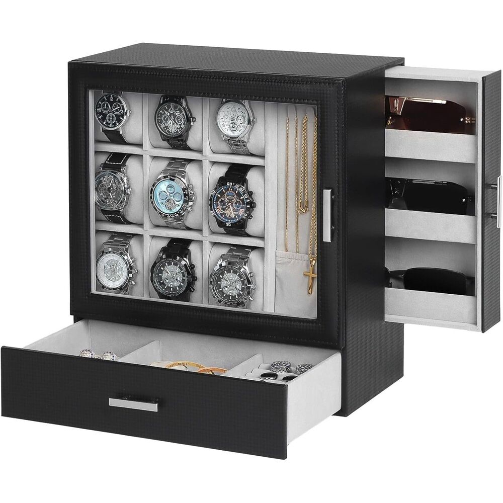 9-Slot Standing Watch Case Necklace Sunglasses Display Drawer Men Clear Cracked